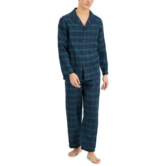 Club Room 100131950 Men's Sz 2XL Navy/Green Plaid 2-Piece Flannel Pajama Set - Picture 1 of 9